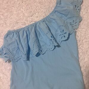 Light Blue One-Shoulder Top with Eyelet Ruffle